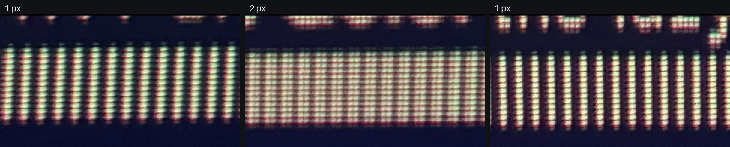 Three macro shots of the same frame: separate vertical lines on the left and right; in the center, twice as many lines at half the pitch and lower contrast
