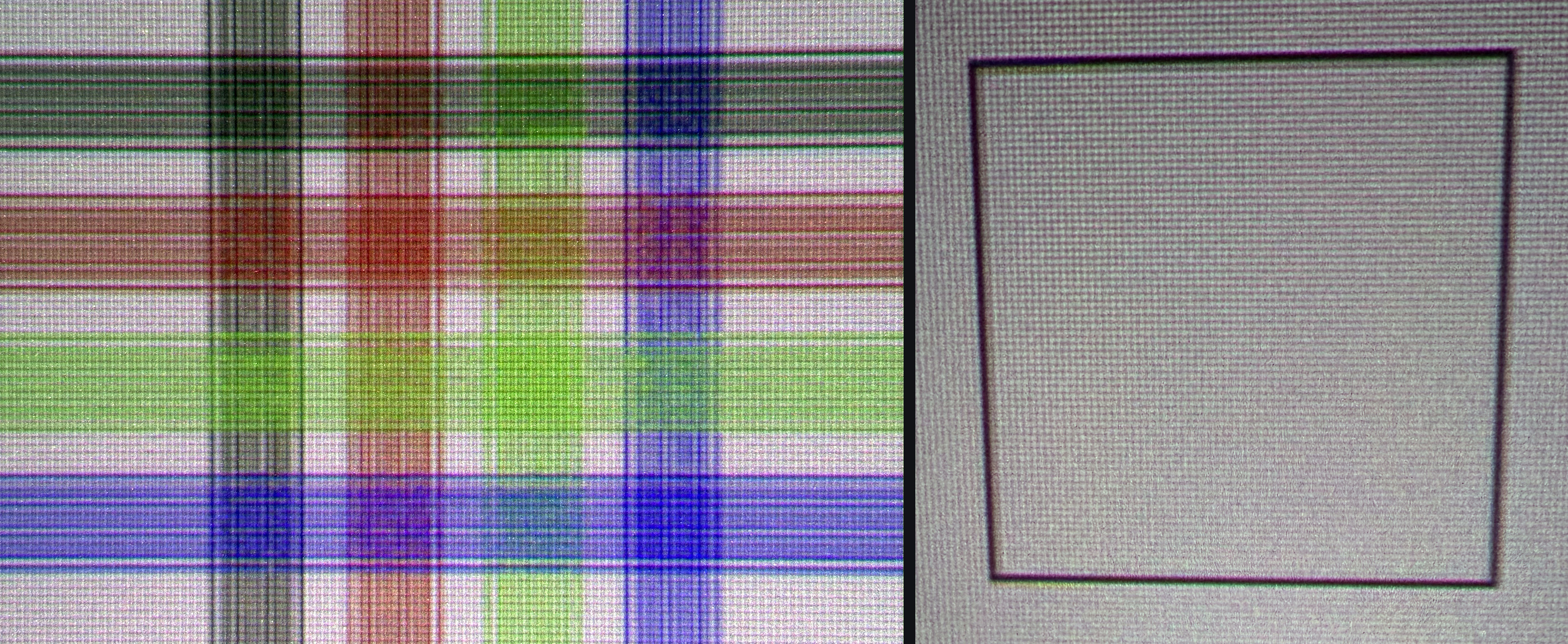 Two macro shots side by side: on the left, gratings of fine colored lines merging into a flat fill; on the right, a 1 px frame with a purple fringe outside and a yellow-green one inside