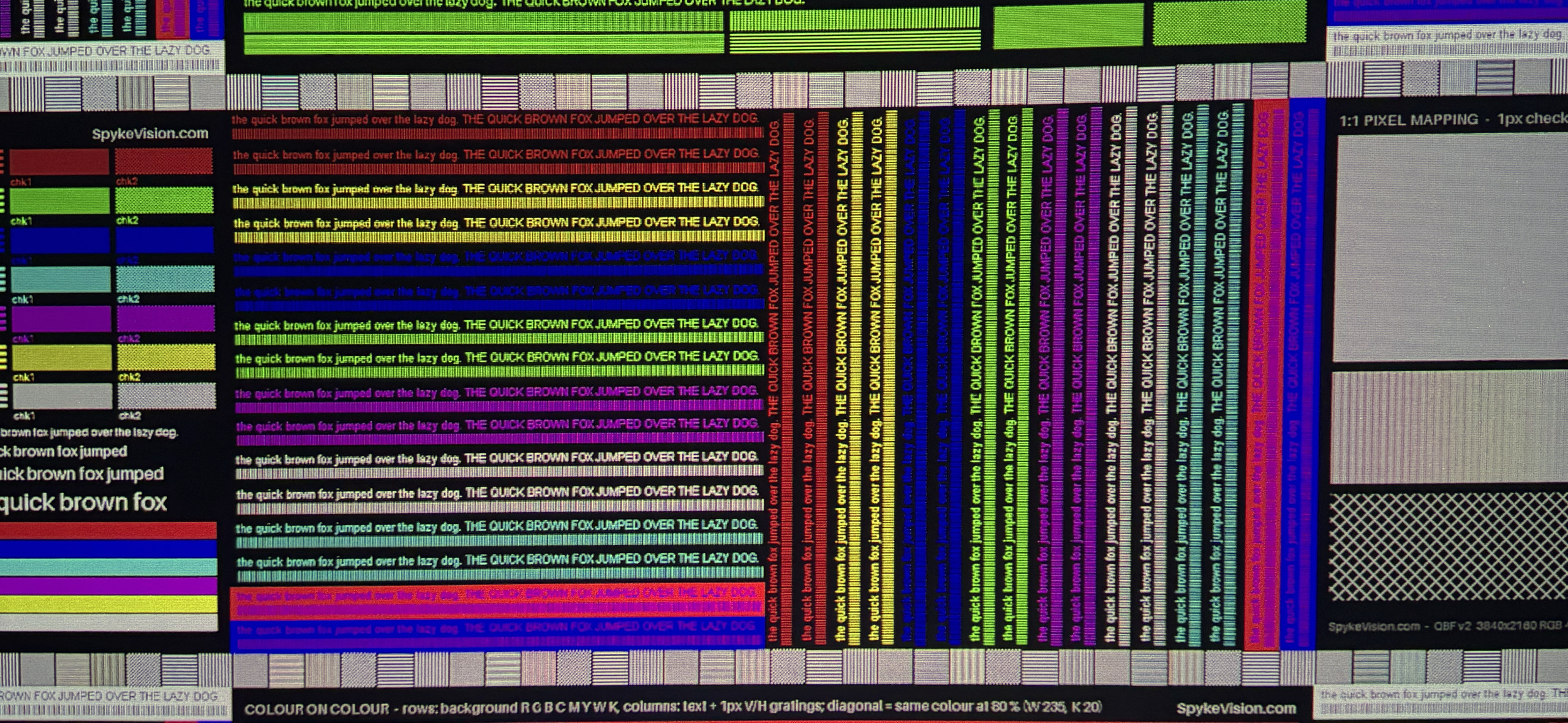 Macro shot of the screen center showing the SpykeVision QBF v2 test pattern in 4K: lines of text, line gratings, checkerboards, and the 1:1 pixel mapping block